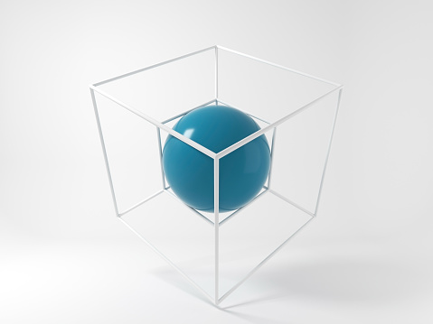 Abstract white high-tech installation with shiny blue ball in a lattice protection box container, 3d rendering illustration