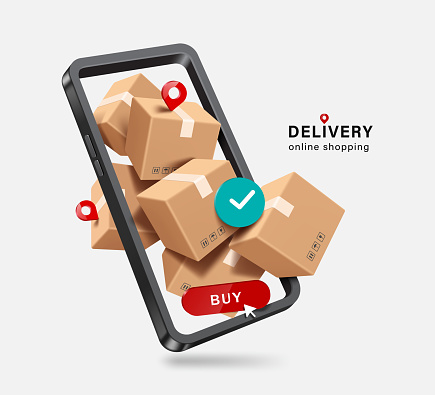 Parcel boxes were packed tightly inside smartphone and were overflowing to convey promotional period that customers order in online platform on smartphone,vector 3d for delivery and online shopping
