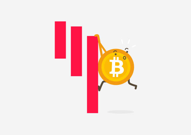 bitcoin coin bleibt auf der abwärtstrend-bar. kryptowährungs-cartoon-konzept. - maskottchen grafiken stock-grafiken, -clipart, -cartoons und -symbole