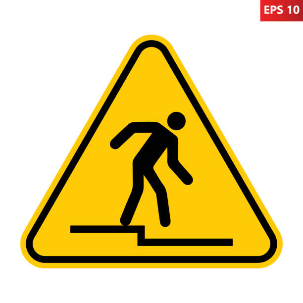 Step down warning sign. Step down warning sign. Vector illustration of yellow triangle sign with man stepping down. Caution risk of falling symbol isolated on white background. Single-stepped change of level. hazard sign stock illustrations