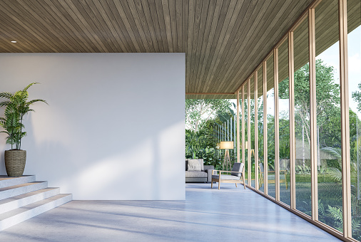 Modern contemporary empty hall with nature view 3d render overlooking the living room behind the room has concrete floors, plank ceilings and blank white walls for copy space, sunlight enter the room.