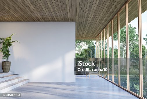 istock Modern contemporary empty hall with nature view 3d render 1424509553