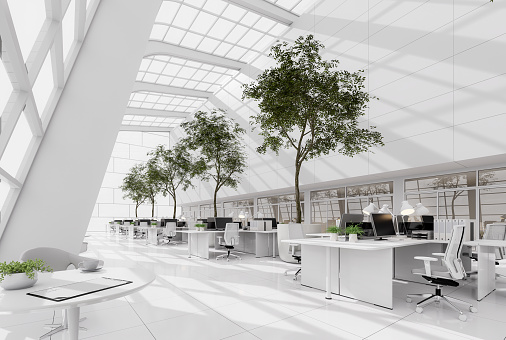 Minimal style modren white high and open workplace 3d render The room is comfortable and bright with natural light from many windows furnished with black and white furniture, decorated with big trees