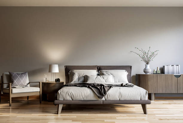 Modern contemporary bedroom with empty gray wall 3d render stock photo