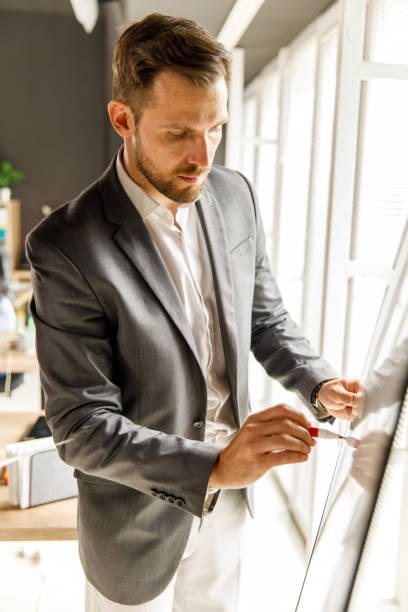 istock Businessman writing on a whiteboard when preparing a presentation 1424514190
