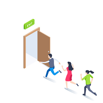 isometric vector illustration on a white background, an exit sign over an open door and people running there, evacuation or leaving the premises
