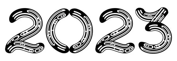 Vector illustration of Stylized metal chrome liquid numbers 2023. 2023 Happy New Year