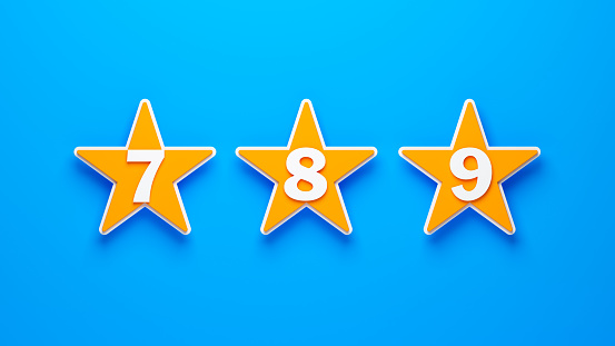 Orange color stars and number seven number eight number nine. On blue color background, the horizontal composition is isolated with a clipping path.