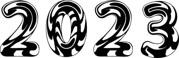 Vector illustration of Stylized metal chrome liquid numbers 2023. 2023 Happy New Year