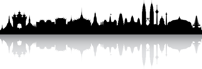 Southeast Asia skyline silhouette. All buildings are complete and moveable.