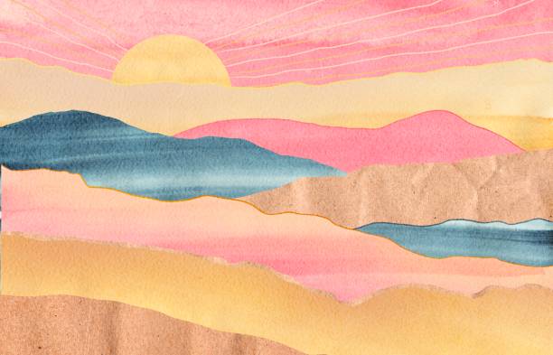 물결 모양의 산에서 일출과 추상적 인 수채화 콜라주 - sand beach backgrounds textured stock illustrations