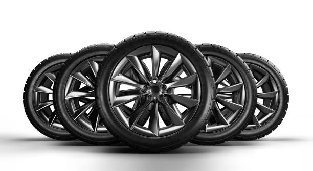 istock Set of car wheels on white background. 3D rendering illustration 1424525307