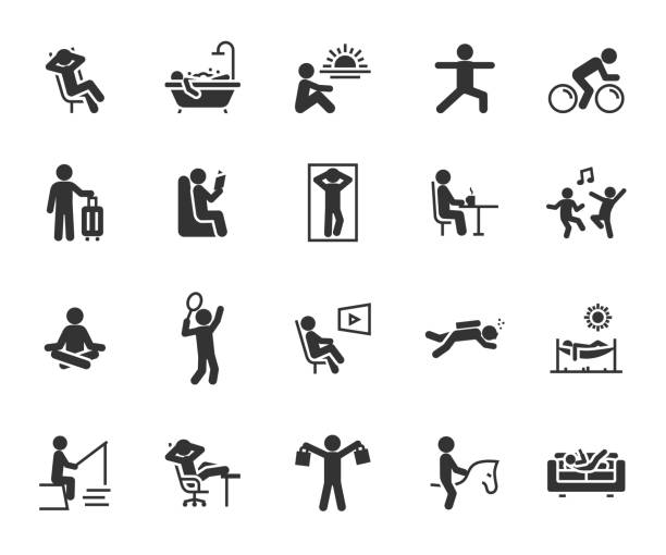 ilustrações de stock, clip art, desenhos animados e ícones de vector set of relax flat icons. contains icons chill, rest, vacation, hammock, meditation, reading, shopping, diving, fishing and more. pixel perfect. - descansar