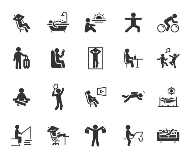 векторный набор плоских иконок релакса. содержит иконки отдыха, отдыха, отпуска, гамака, медитации, чтения, шопинга, дайвинга, рыбалки и мног - leisure activity stock illustrations
