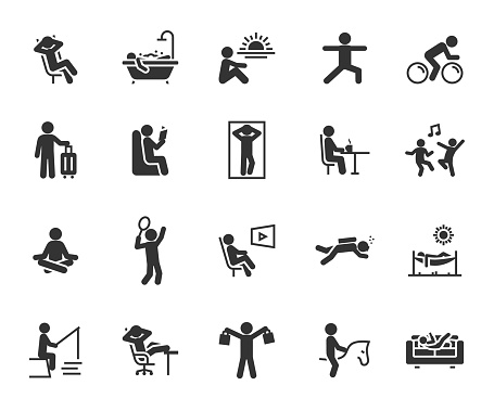 Vector set of relax flat icons. Contains icons chill, rest, vacation, hammock, meditation, reading, shopping, diving, fishing and more. Pixel perfect.