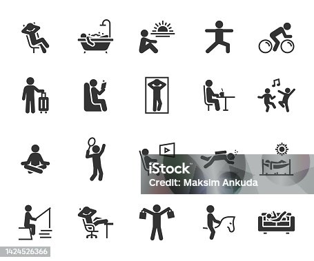 istock Vector set of relax flat icons. Contains icons chill, rest, vacation, hammock, meditation, reading, shopping, diving, fishing and more. Pixel perfect. 1424526366