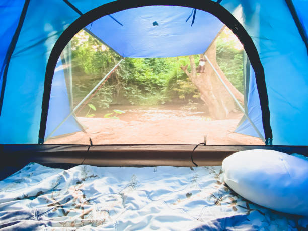 istock tent inside with sunlight and morning atmosphere. 1424528567