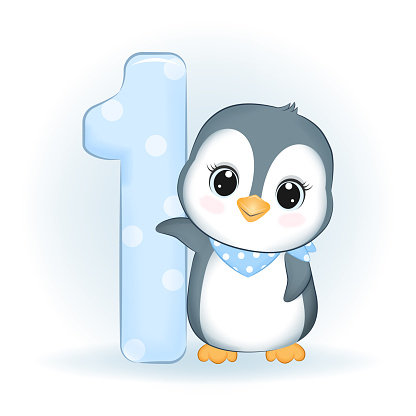 Cute Little Penguin And Number 1 First Birthday Party Stock