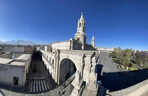 Panoramic view of Arequipa cathedral, Peru