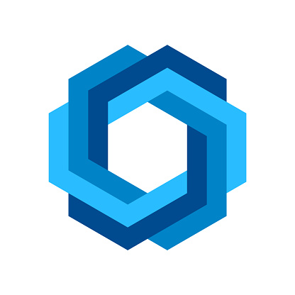 Triple hexagonal loop. Business logo template. Infinite shape icon. Blue intertwined polygonal object. Vector illustration, flat, clip art.