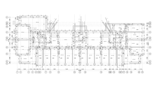 Multistory building detailed architectural technical drawing, vector blueprint ground floor plan