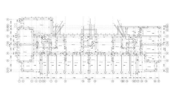 Vector blueprint ground floor plan Multistory building detailed architectural technical drawing, vector blueprint ground floor plan floor plan blueprint stock illustrations