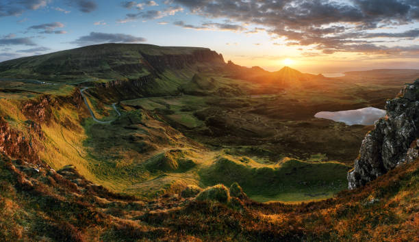 Beautiful scotland mountain panorama landscape at sunrise in Isle od Skye, Quiraing hill stock photo
