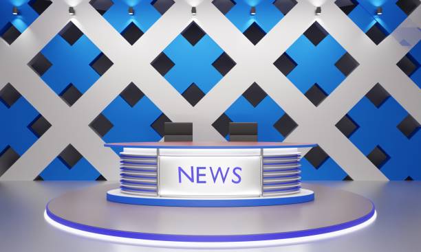 istock white table on stand with led screen background in the news studio room.3d rendering. 1424538903