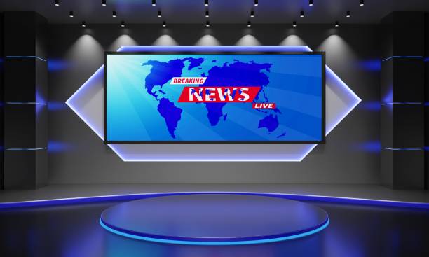 istock grey stand and leds background in the news studio room.3d rendering. 1424539473