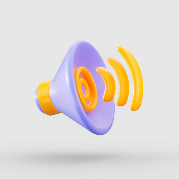 3d render purple and yellow audio speaker volume icon realistic glossy look on white background