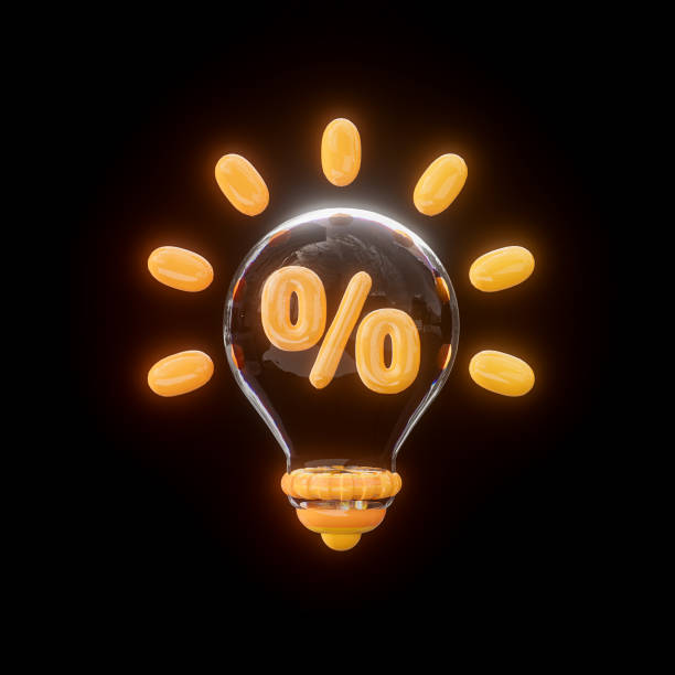 light bulb percent icon glossy neon bright realistic sign on black ept light bulb percent icon glossy neon bright realistic sign on black background 3d render concept ept stock pictures, royalty-free photos & images