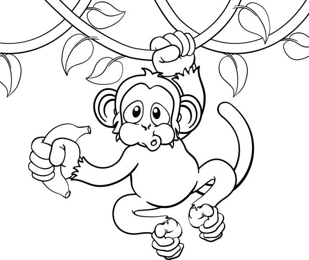 Monkey Singing On Jungle Vines With Banana Cartoon A monkey cartoon character singing on jungle vines with banana clip art of a monkey holding banana stock illustrations
