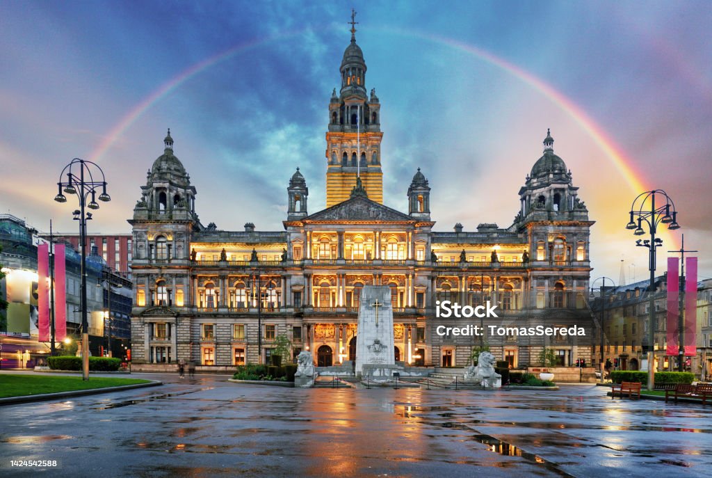 Rainbow over Glasgow City Chambers and George Square, Scotland - UK Glasgow - Scotland Stock Photo