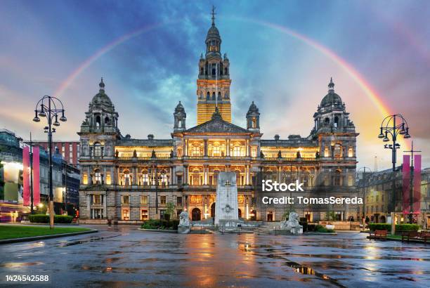 Rainbow Over Glasgow City Chambers And George Square Scotland Uk Stock Photo - Download Image Now