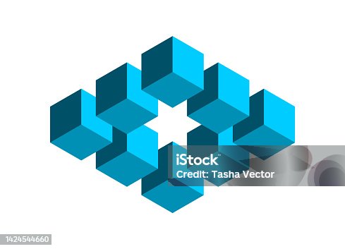 istock Blue 3D cubes optical illusion. Rectangle shape made of small cubes. 1424544660
