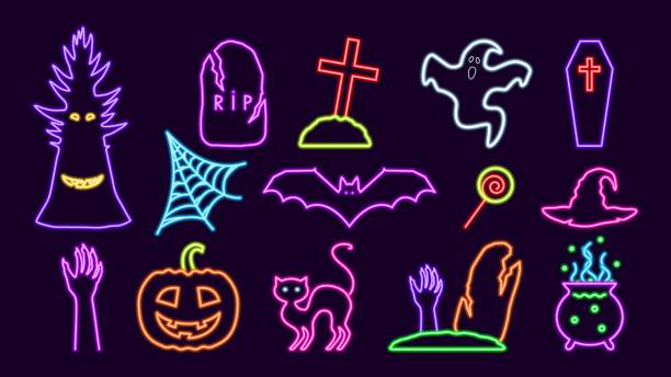 ilustraciones, imágenes clip art, dibujos animados e iconos de stock de set de halloween navideño de neón. siniestro murciélago púrpura y fantasmas - witch halloween cauldron bat