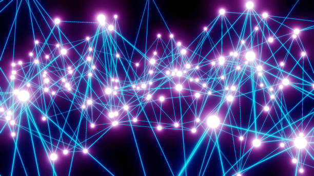 istock Abstract technology 3D background with neon glowing purple blue lines on black, plexus science graph 1424551670