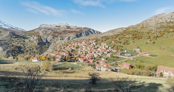 Small village in the north of Spain, Sotres, with the mountains of Picos de Europa National Park on the back
