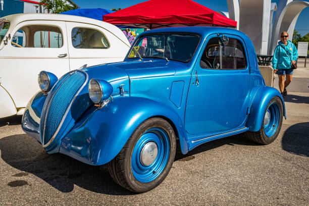 1947 Fiat 500 Topolino Coupe Falcon Heights, MN - June 18, 2022: High perspective front corner view of a 1947 Fiat 500 Topolino Coupe at a local car show. fiat 500 topolino stock pictures, royalty-free photos & images