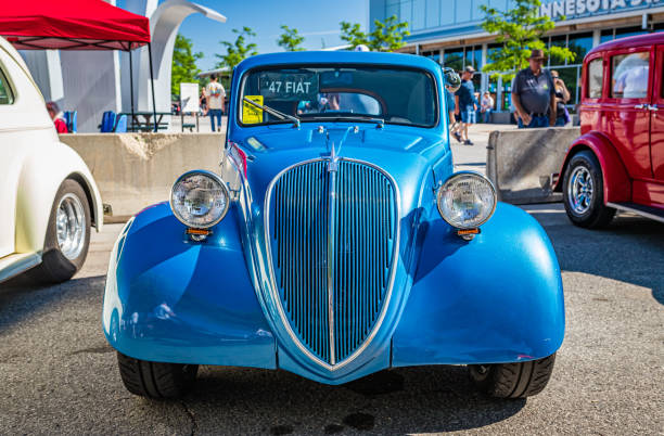 1947 Fiat 500 Topolino Coupe Falcon Heights, MN - June 18, 2022: High perspective front view of a 1947 Fiat 500 Topolino Coupe at a local car show. fiat 500 topolino stock pictures, royalty-free photos & images