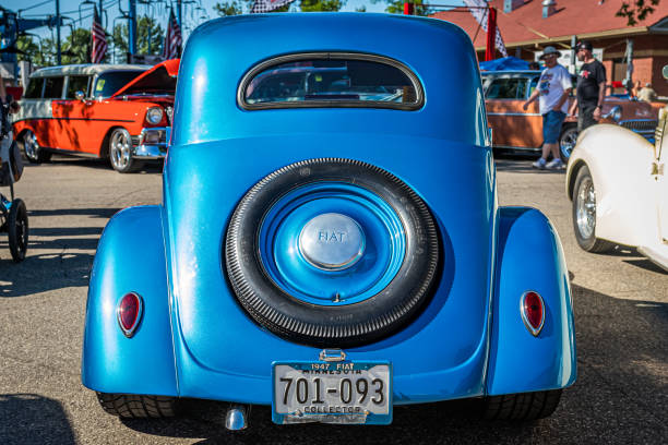 1947 Fiat 500 Topolino Coupe Falcon Heights, MN - June 18, 2022: High perspective rear view of a 1947 Fiat 500 Topolino Coupe at a local car show. fiat 500 topolino stock pictures, royalty-free photos & images