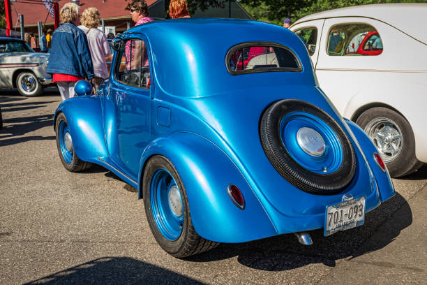 1947 Fiat 500 Topolino Coupe Falcon Heights, MN - June 18, 2022: High perspective rear corner view of a 1947 Fiat 500 Topolino Coupe at a local car show. fiat 500 topolino stock pictures, royalty-free photos & images