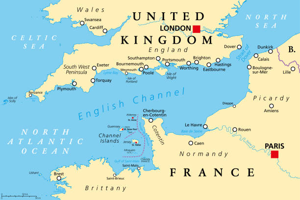 English Channel, political map, busiest shipping area in the world vector art illustration