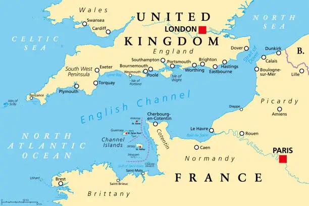 Vector illustration of English Channel, political map, busiest shipping area in the world