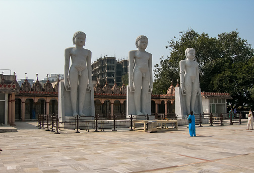 Mumbai, India - nov 2, 2005: view of the three huge statues of Lord Aadinathji and, on the sides, Bharat Chakrawarti and Lord Bahubali in the Jain temple Shri 1008 Adinath Bahubali Digamber in Mumbai.