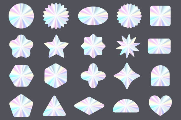 istock Holographic stickers set. Silver label gradient stamps. Metal texture badges. Iridescent rainbow foil in different geometric shapes. Vector neon emblems. 1424562217
