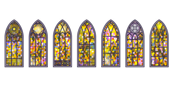 고딕 양식의 창 세트. 빈티지 스테인드 글라스 교회 프레임. 전통적인 유럽 건축의 요소. 벡터 - stained glass church window glass stock illustrations