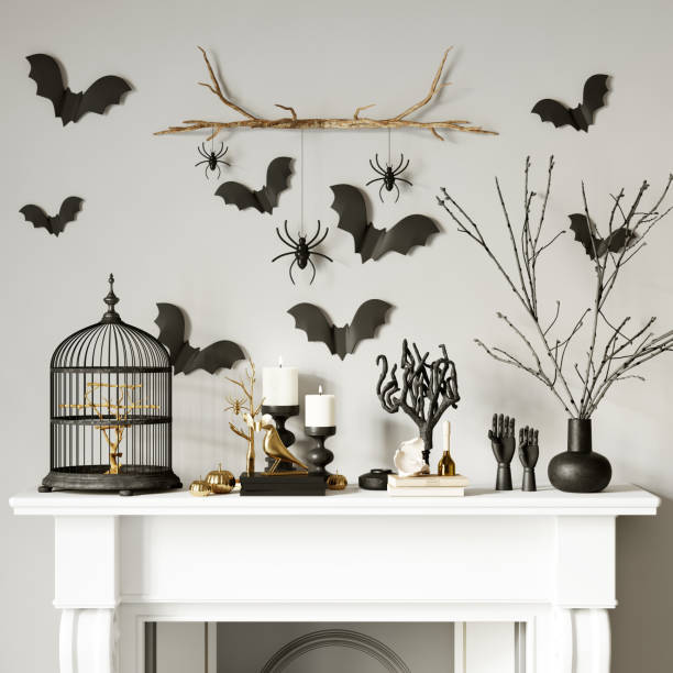 décoration intérieure moderne pour halloween. rendu 3d. la cheminée blanche est décorée de manière festive avec une cage, des chauves-souris et des araignées. - halloween decoration photos et images de collection