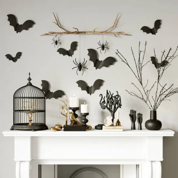 Photo of Modern interior decor for Halloween. 3d rendering. The white fireplace is festively decorated with a cage, bats and spiders.