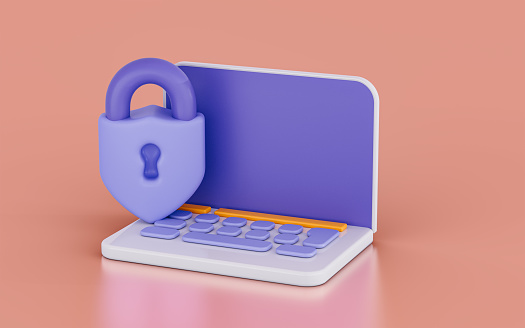 Internet security shield lock with laptop 3d render concept for online data protect on computer
